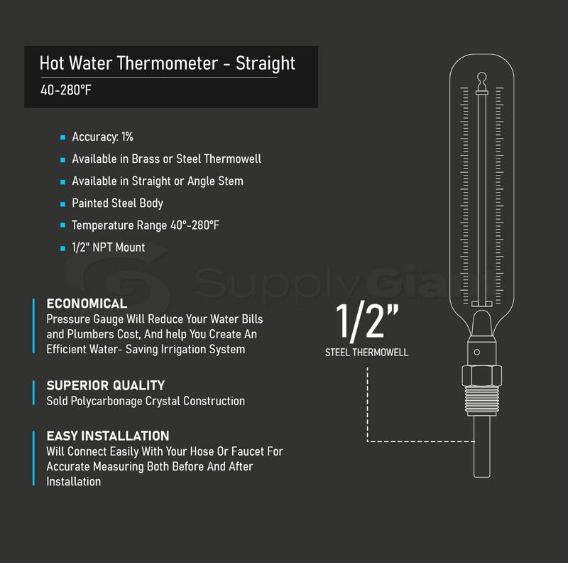 Supply Giant SH67-TT Hot Water Thermometer with Straight Angle Steel Thermowell, 1/2" NPT Mount, 40-280 F, Organic Liquid Filled Tube - Image 2